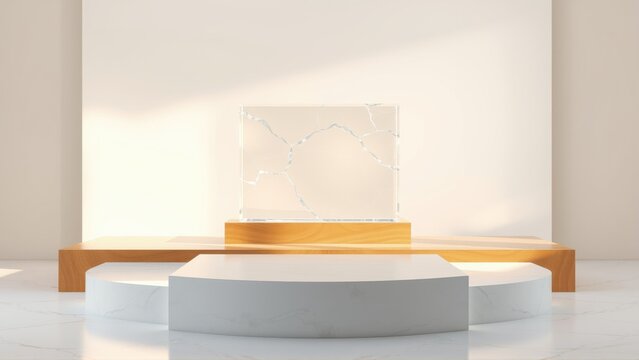 Minimalist stage setup. White pedestal supports fractured glass sculpture. Soft lighting creates dramatic shadows, clean aesthetic.