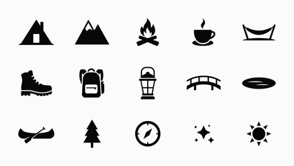 Modern minimalist icons set with black white icons representing outdoor adventure themes nature related symbols clean displays collection sleek © PRITOM