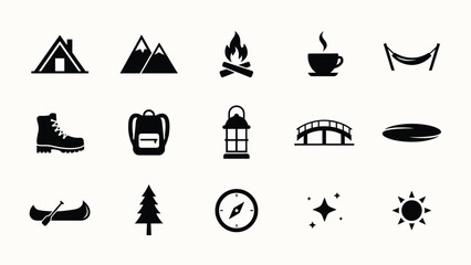 Obraz premium Minimalist black flat icons set with high contrast black icons depicting camping tents modern flat design style showcases collection sleek with lanterns nature symbols