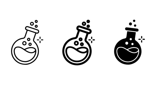 Chemistry Flask Icons, Science Lab Beaker Symbols, Liquid Bubbles, Medical Research Vector Set