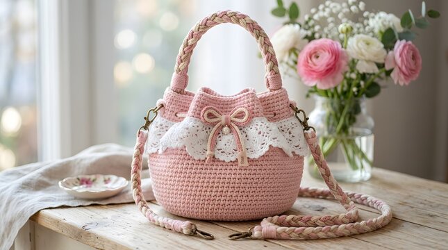 Pink crochet handbag with lace trim and flowers on a cozy table near window