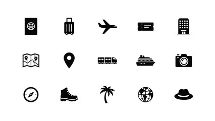 Modern minimalist travel with high contrast black white collection fourteen distinct icons representing travel themes arranged clean grid layout against neutral background © PRITOM