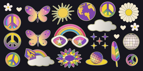 Retro sticker collection featuring butterflies rainbows and peace symbols © Ratan