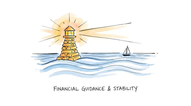 Financial Guidance Concept Illustration Featuring A Glowing Gold Lighthouse For Stability