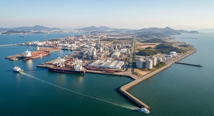 Obraz premium Vast Industrial Port Complex with Ships and Cranes Along the Coastline