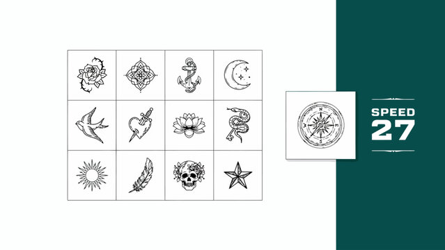 A collection of various hand drawn tattoo flash art designs featuring skulls flowers daggers and mystical symbols on a white background sheet