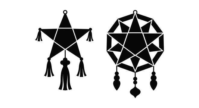 Two filipino star lanterns with hanging tassels a black silhouette against a white background lantern parol