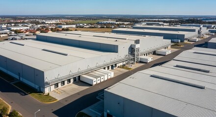 Fototapeta premium Vast Industrial Warehouse Complex for Distribution and Logistics Under a Clear Blue Sky