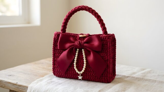 Handmade red crochet handbag with ribbon bow and charm on soft bed background