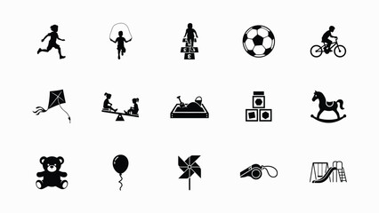 Playful childhood activities silhouette icons collection flat vector design with evoking nostalgia creativity clean lines bold contrast illustration © PRITOM