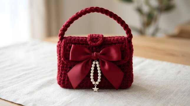 Handmade red crochet handbag with ribbon bow and charm on soft bed background