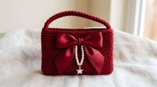 Handmade red crochet handbag with ribbon bow and charm on soft bed background