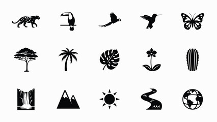 Fototapeta premium Elegant black and white flat vector icons of nature with showcases minimalist collection