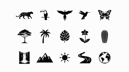 Fototapeta premium Black and white minimalist vector icons set with contrast collection minimalist wildlife flora landscapes landscapes global symbols showcases sleek high