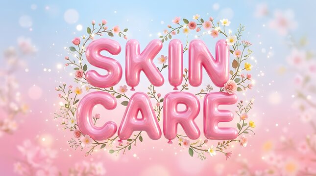 Pink skin care text with floral frame on pastel blue background, beauty concept