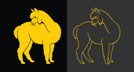 Minimalist gold alpaca icon set silhouette and outline with silhouette, wildlife © KH