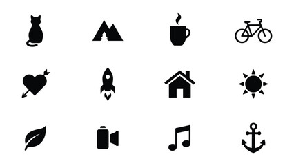 Modern minimalist icon set featuring everyday symbols in bold black flat design with monochromatic collection twelve distinct icons representing common themes animals © PRITOM