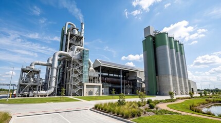 Obraz premium Modern Industrial Facility with Silos and Blue Sky under Bright Sunlight