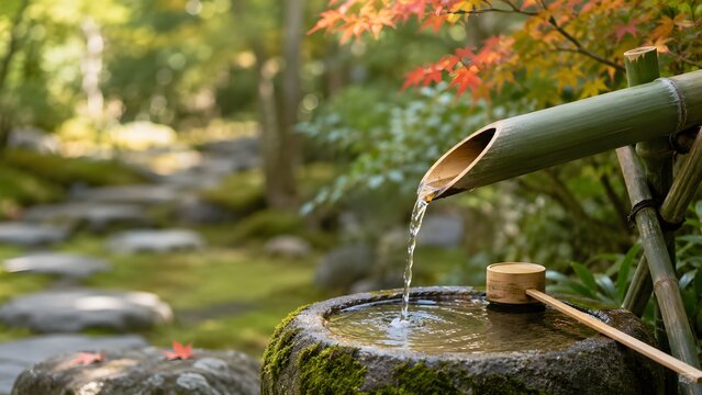 鹿威しと蹲踞のある秋の日本庭園 竹筒から注ぐ水と苔むした石の水鉢ともみじ