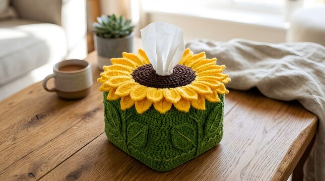 Sunflower tissue box cover on rustic table in cozy home interior with decor