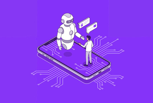 AI chatbot assistant talking to a man. Digital customer service and virtual support concept.