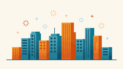 Obraz premium Modern city skyline vector illustration. Urban cityscape with flat buildings and festive icons.