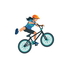 Fototapeta premium Woman Riding Bicycle in Mid Air Jump.
