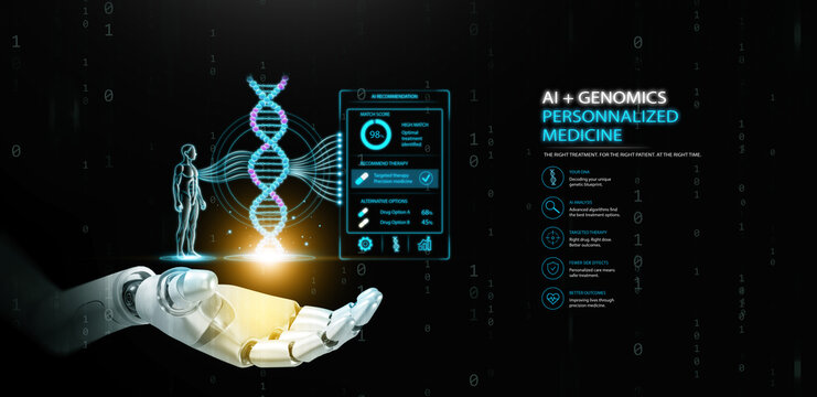 Robot hand holding DNA strand and genomic data interface on dark copy space. AI powered and genomics for personalized medicine, future health care, targeted therapy, futuristic healthcare technology.