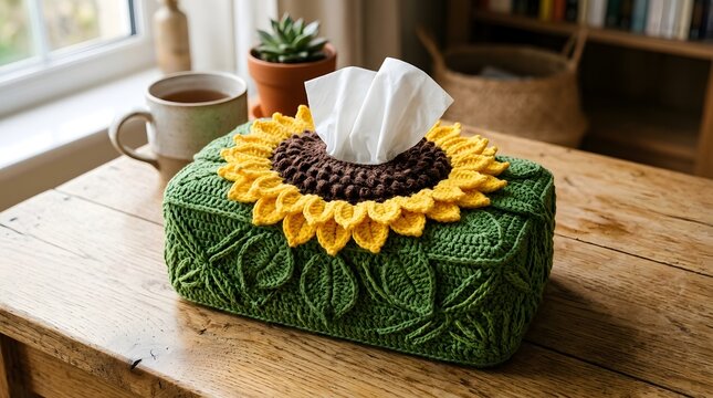 Sunflower tissue box cover on rustic table in cozy home interior with decor