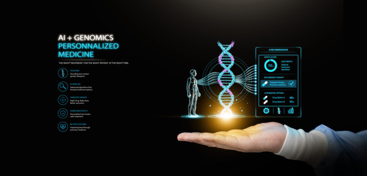 Doctor hand holding DNA strand and genomic data interface on dark copy space. Artificial intelligence and genomics for personalized medicine, targeted therapy, futuristic AI healthcare technology.