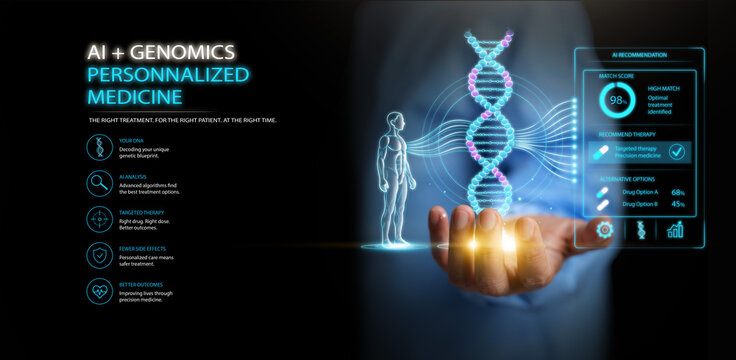 AI powered genomics and personalized medicine concept featuring DNA analysis, precision healthcare, genetic profiling, and intelligent treatment recommendations with futuristic medical interface.