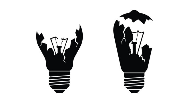 Two broken light bulbs with shattered glass depicted as a black silhouette bulb fractured lightbulb lamp