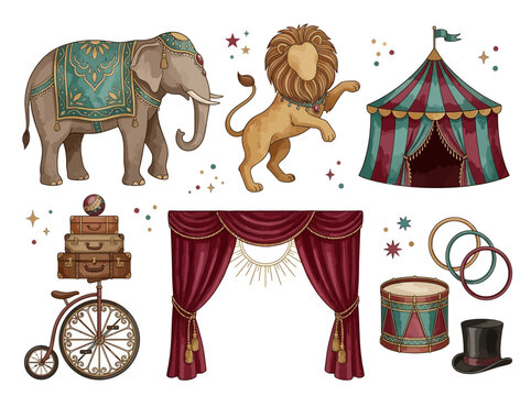 Watercolor circus elements set. Vintage carnival animals and performance props collection.