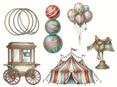 Vintage circus elements collection. Watercolor carnival tent, popcorn cart and balloons.