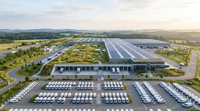 Aerial View of Modern Warehouse Facility Surrounded by Green Landscape and Parking Lot