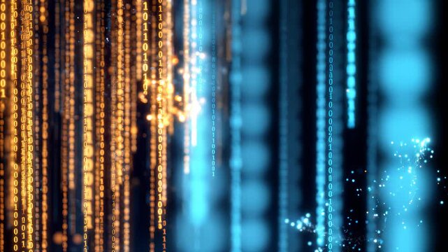 Falling binary code in gold and blue digital rain