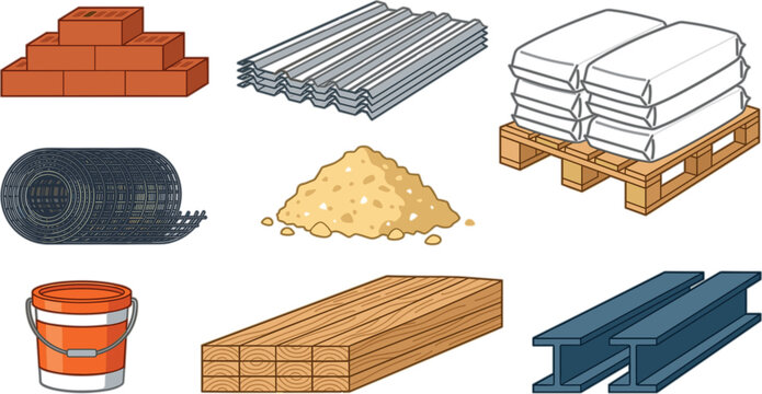 Construction Building Materials Collection with Bricks Cement Bags Steel Beams Lumber Sand Roofing Sheets and Industrial Supplies