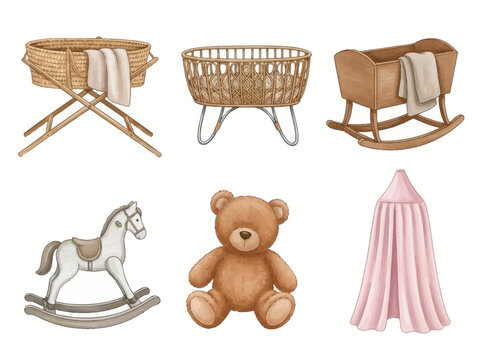 Baby nursery furniture and toys set. Watercolor cribs, rocking horse, and teddy bear.