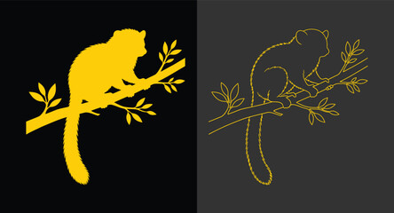 Lemur silhouette sitting on a tree branch golden design with silhouette © KH