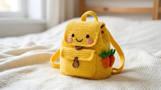 Cute yellow crochet backpack with smiley face on bed, handmade kids accessory