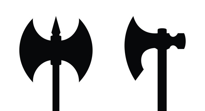 Two medieval battle axes depicted in a stark black silhouette against a white background axe poleaxe