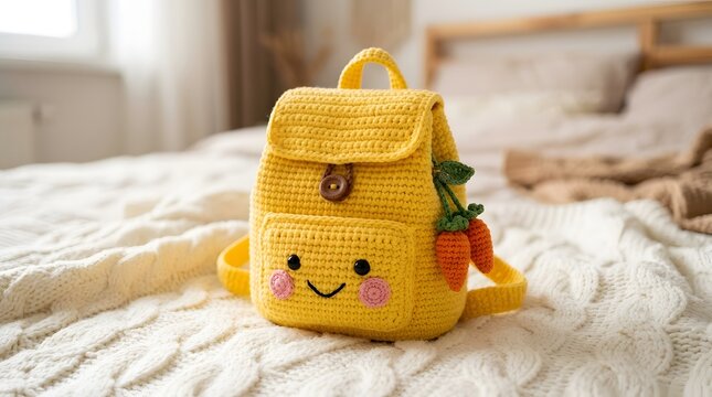 Cute yellow crochet backpack with smiley face on bed, handmade kids accessory
