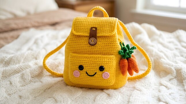 Cute yellow crochet backpack with smiley face on bed, handmade kids accessory