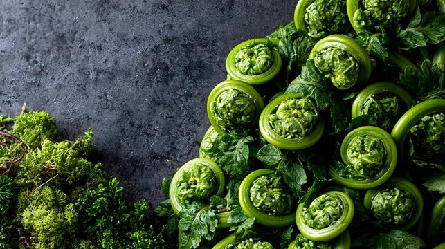 Fresh green fiddlehead ferns arranged on dark stone background with copy space