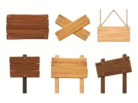 Wooden sign boards set. Rustic timber planks for signage and directional information.