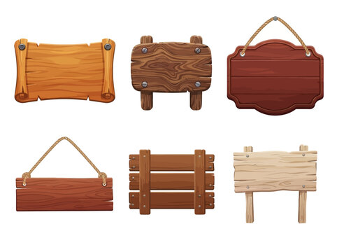 Set of wooden sign boards. Rustic hanging wood plaques for signage and message displays.