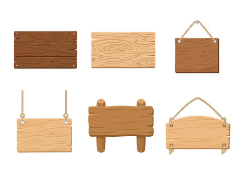 Wooden sign board collection. Rustic hanging planks and blank timber signage set.
