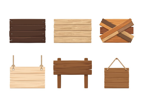 Set of wooden sign boards. Rustic timber planks for signage and directional banners.