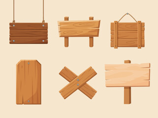 Fototapeta premium Set of wooden sign boards. Rustic timber placards for directional signage and messaging.