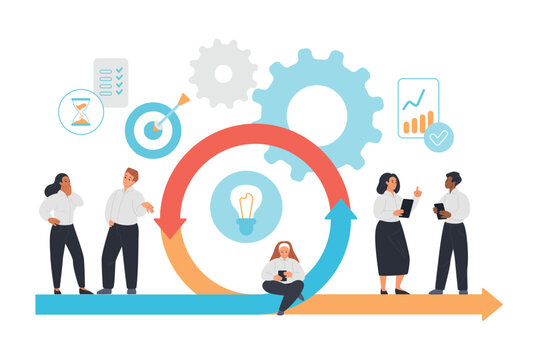 Business team working with agile scrum methodology, planning tasks, analyzing charts and improving productivity with iterative cycle and gears, isolated on white background vector illustration